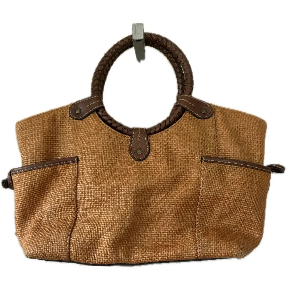 Fossil Genuine Classic 1954 Rust Straw Woven Leather Round Handles Tote Satchel